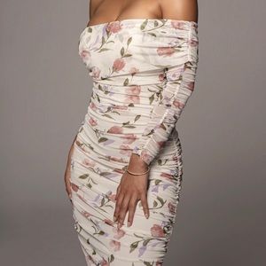 JLUX Label Ivory Floral Lila Ruched Dress